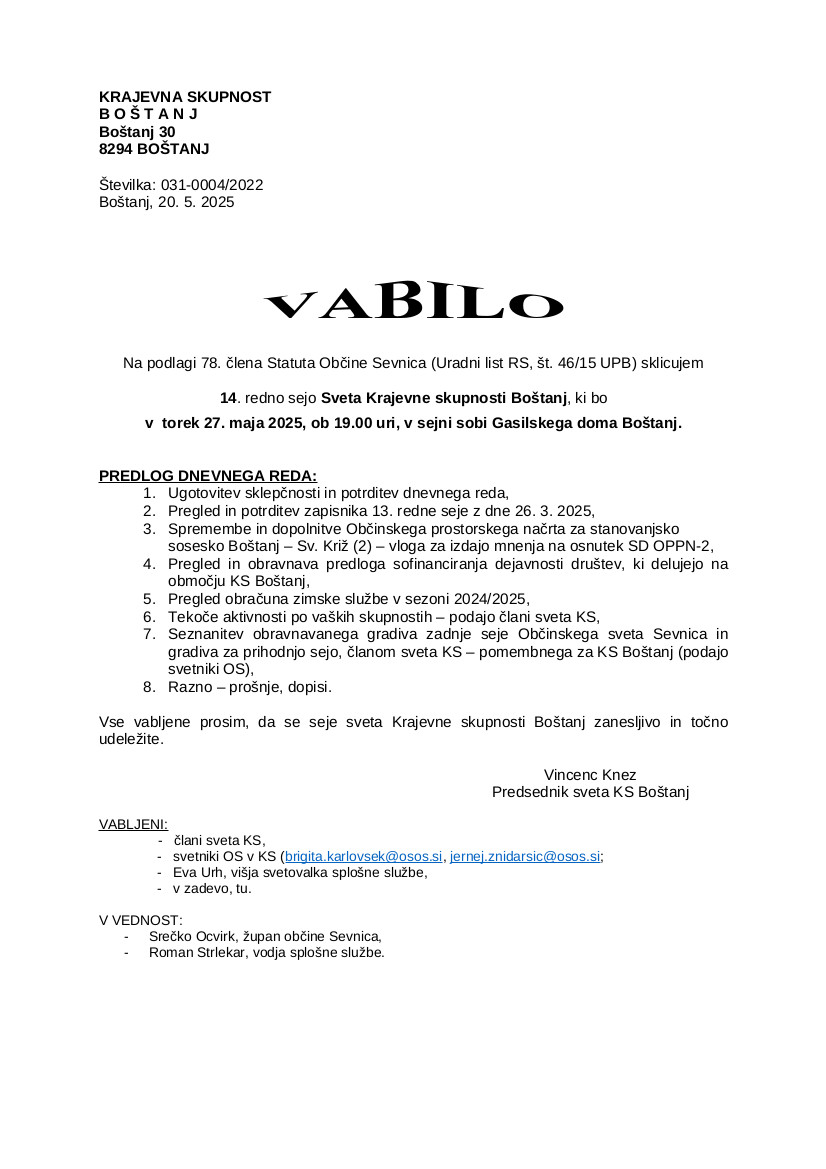 Vabilo na 14. redno sejo KS Boštanj