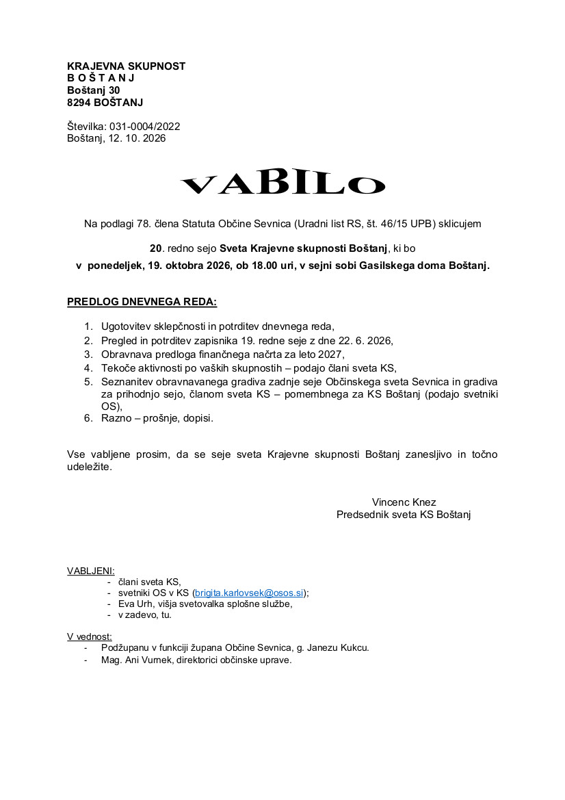 Vabilo na 20. redno sejo KS Boštanj